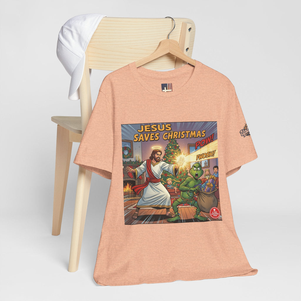 Jesus Saves Christmas T-shirt – Grinch vs Savior Light Battle Christian T-shirt for Hilarious Holiday Faith & True Joy Printify