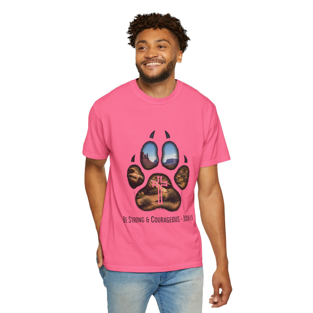 Strong and Courageous T-Shirt – Canine Pawprint Desert Joshua 1:9 Christian Tee Printify
