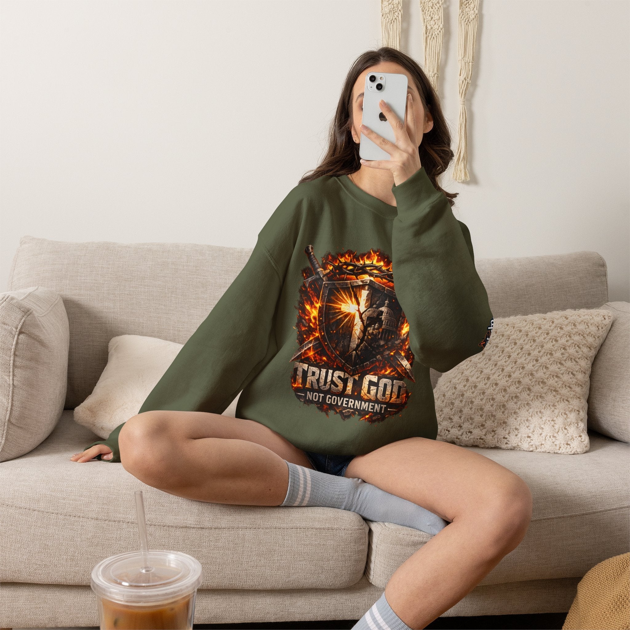 Trust God Not Government Shield Sweatshirt — Patriotic Christian Faith Sweatshirt Printify