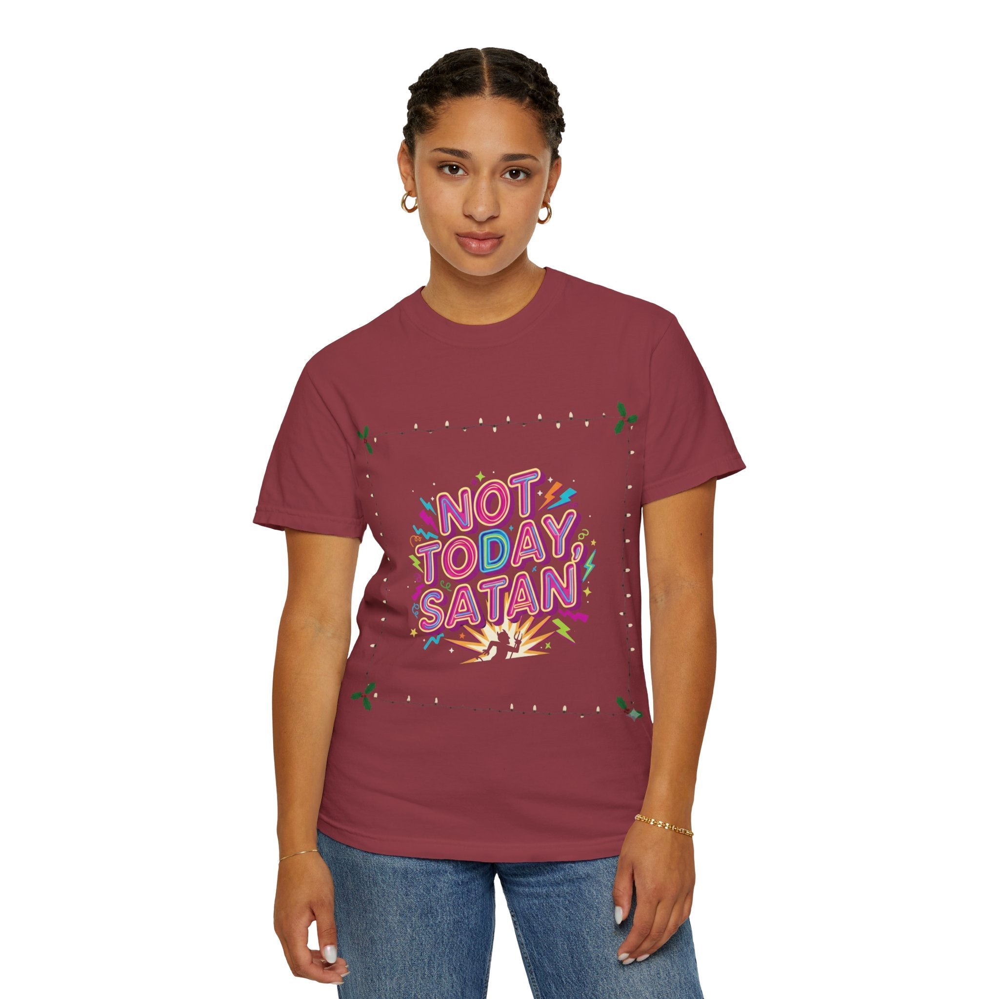🔥 Not Today, Satan – Retro 90s Christian T-Shirt | Neon Faith Tee | Funky Cartoon Devil | Bold Bible Verse Shirt | Uplifted Gear Printify