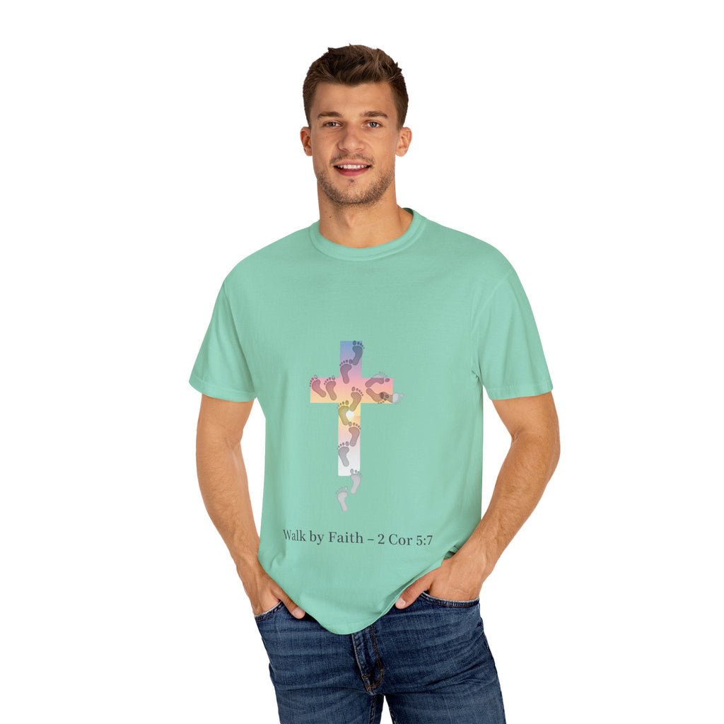Walk by Faith T-Shirt – Cross & Footprints Christian Tee for Bold Believers Printify