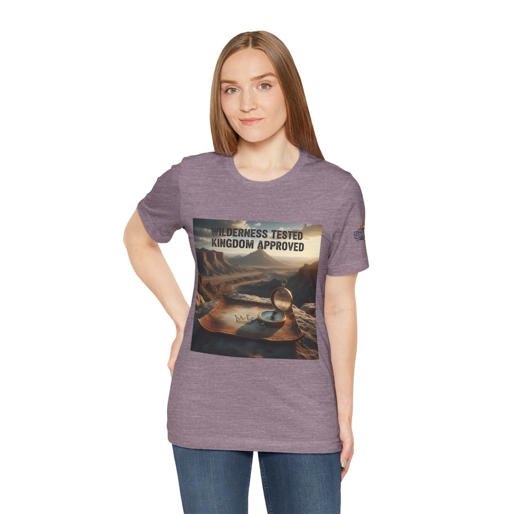 Wilderness Tested Kingdom Approved T-shirt – Mountain Desert Compass Crown Christian T-shirt for Biblical Adventure Faith Printify