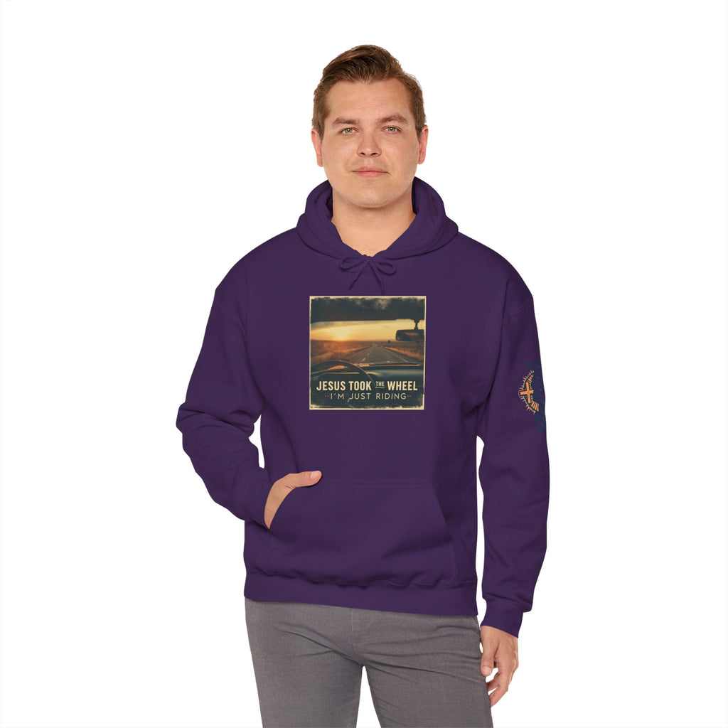 Jesus Took the Wheel I'm Just Riding Hoodie – Funny Christian Convertible Car Sweatshirt for Surrendered Faith & Humor Printify