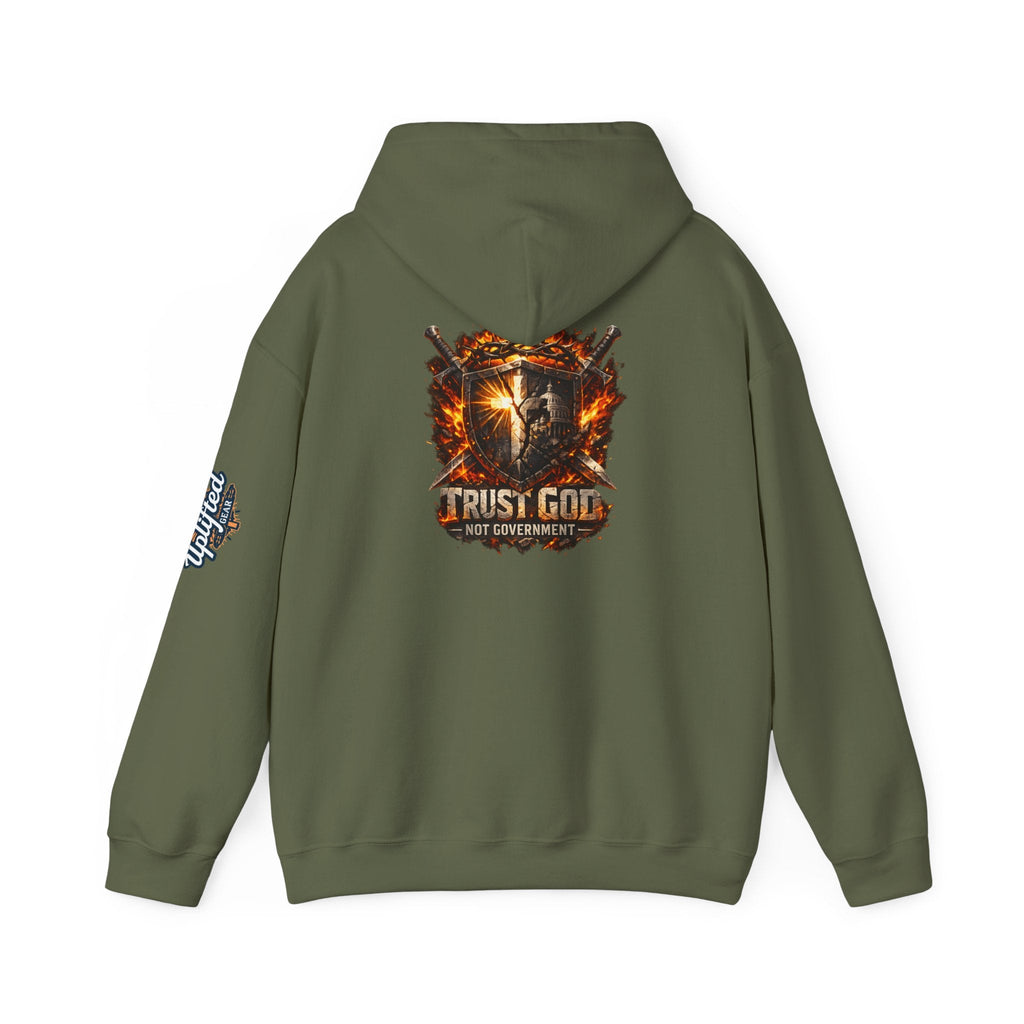 Trust God Not Government Shield Hoodie — Patriotic Christian Faith Hoodie Printify