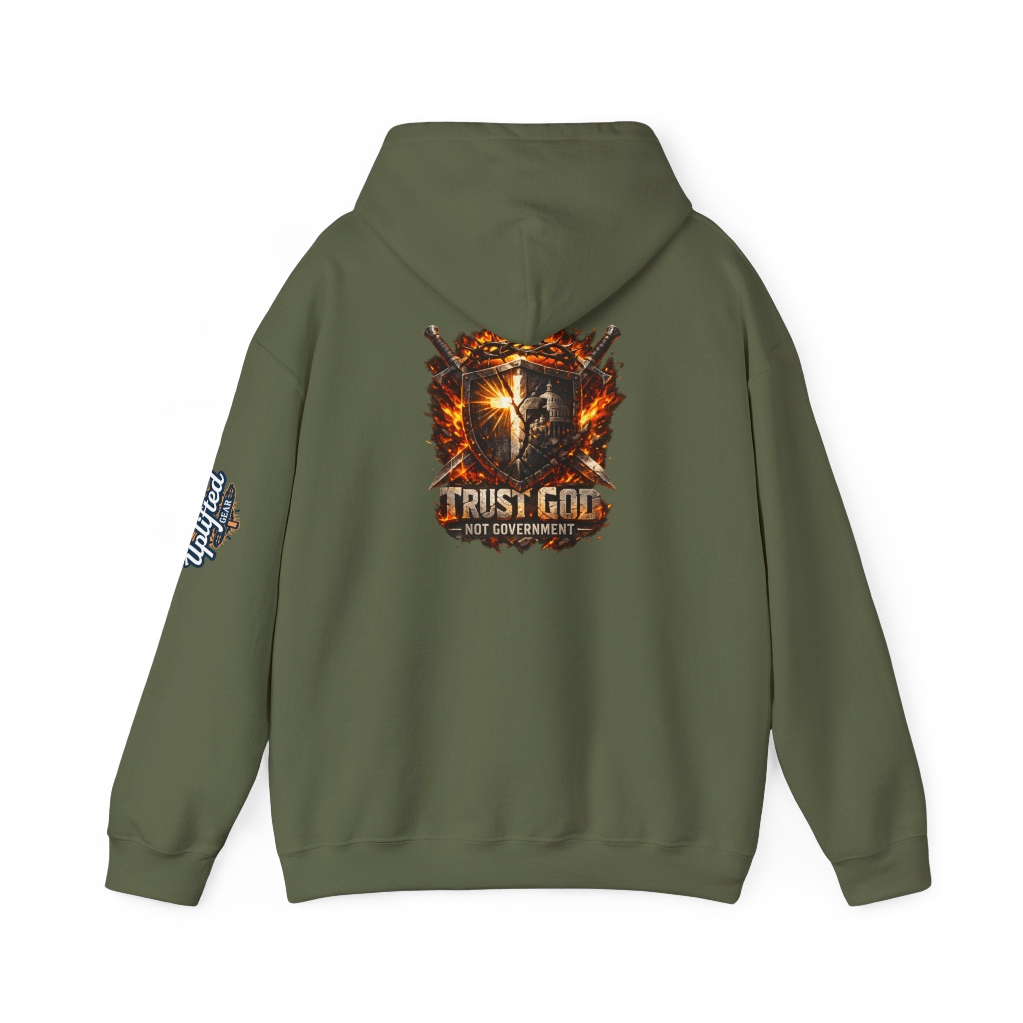 Trust God Not Government Shield Hoodie — Patriotic Christian Faith Hoodie Printify