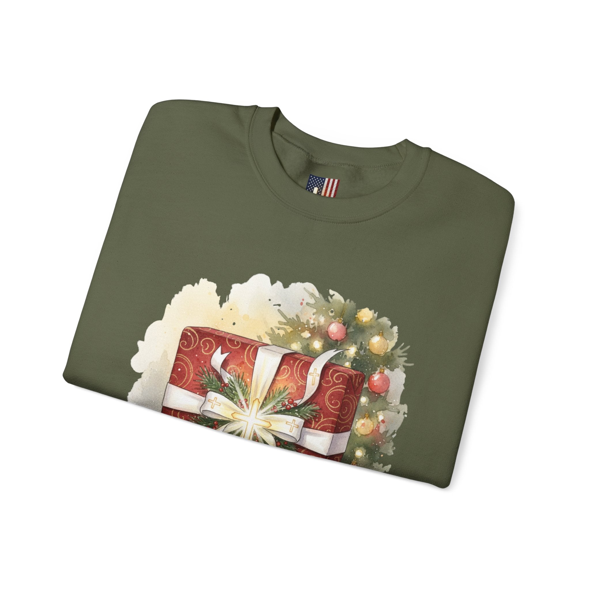 The Greatest Gift Sweatshirt – Cross Bow Present Christian Sweatshirt for Christmas Salvation & Eternal Faith Printify