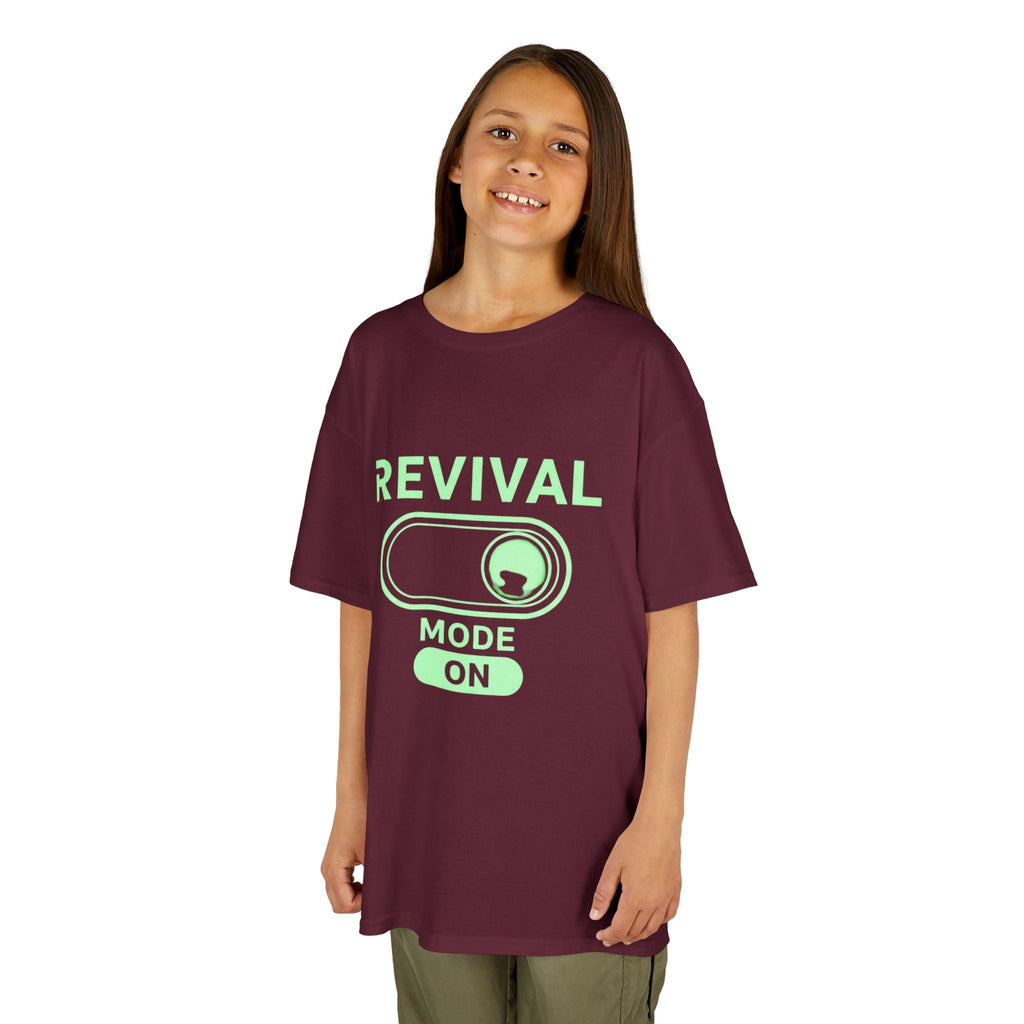 🔥 Revival Mode: ON – Christian Techwear Kids T-Shirt | Glowing Green Faith Switch | Futuristic Jesus Shirt | Activate Your Spiritual Awakening | Uplifted Gear Printify