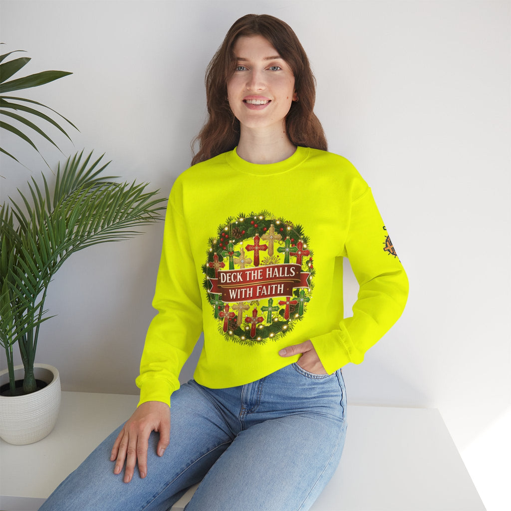 🎄 Deck the Halls with Faith – Christian Christmas Sweatshirt | Cross Ornament Design & Festive Garland | Bold Holiday Faith Tee by Uplifted Gear Printify