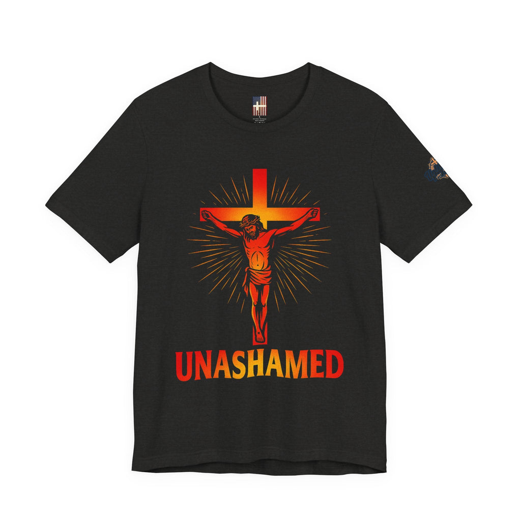 Unashamed T-shirt – Romans 1:16 Crucifixion Christian t-shirt for Bold Unwavering Faith Printify