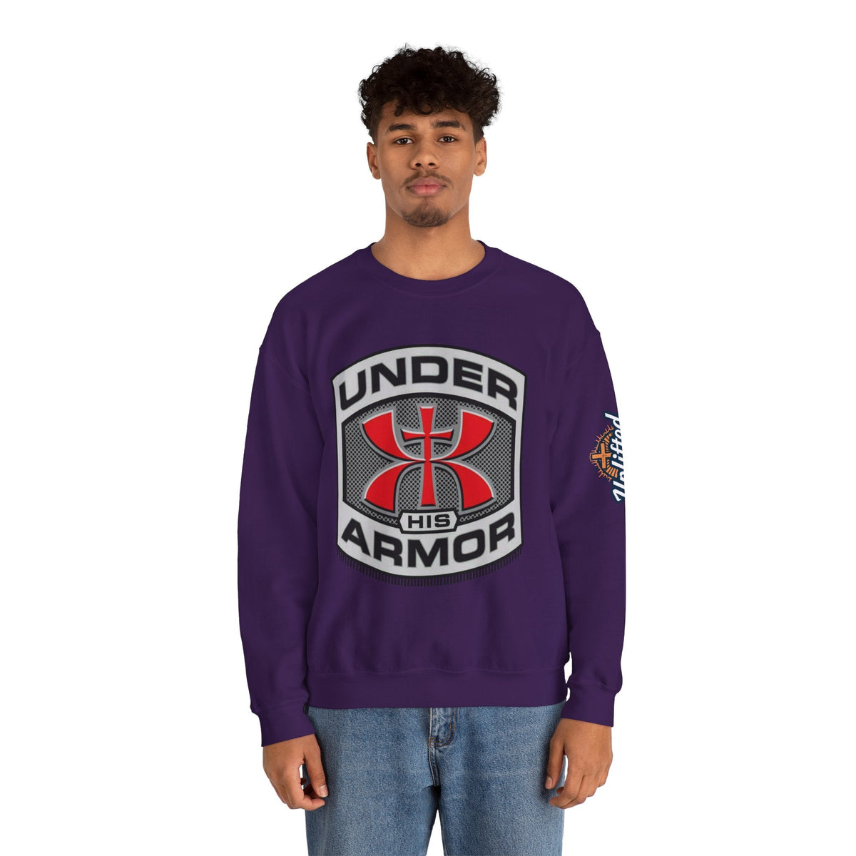 Under His Armor Crewneck Sweatshirt — Christian Faith Graphic Pullover Printify