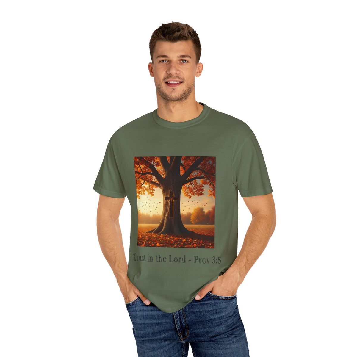 Trust in the Lord T-Shirt – Autumn Tree Christian Tee with Proverbs 3:5 Printify