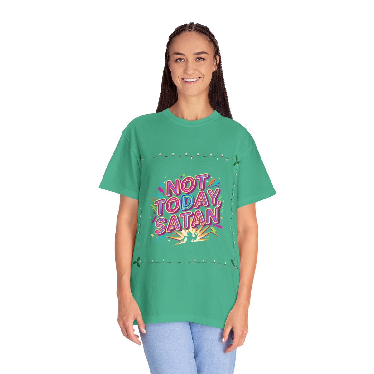 🔥 Not Today, Satan – Retro 90s Christian T-Shirt | Neon Faith Tee | Funky Cartoon Devil | Bold Bible Verse Shirt | Uplifted Gear Printify