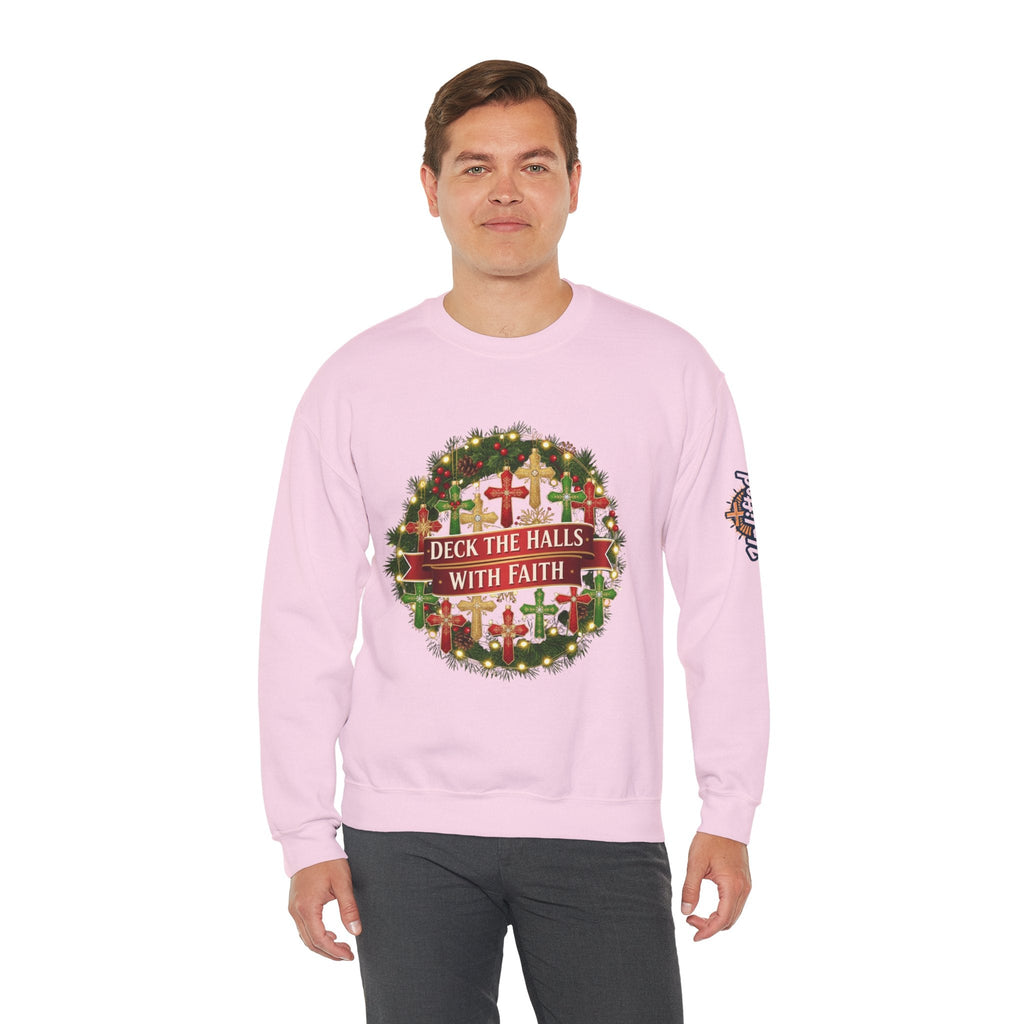 🎄 Deck the Halls with Faith – Christian Christmas Sweatshirt | Cross Ornament Design & Festive Garland | Bold Holiday Faith Tee by Uplifted Gear Printify