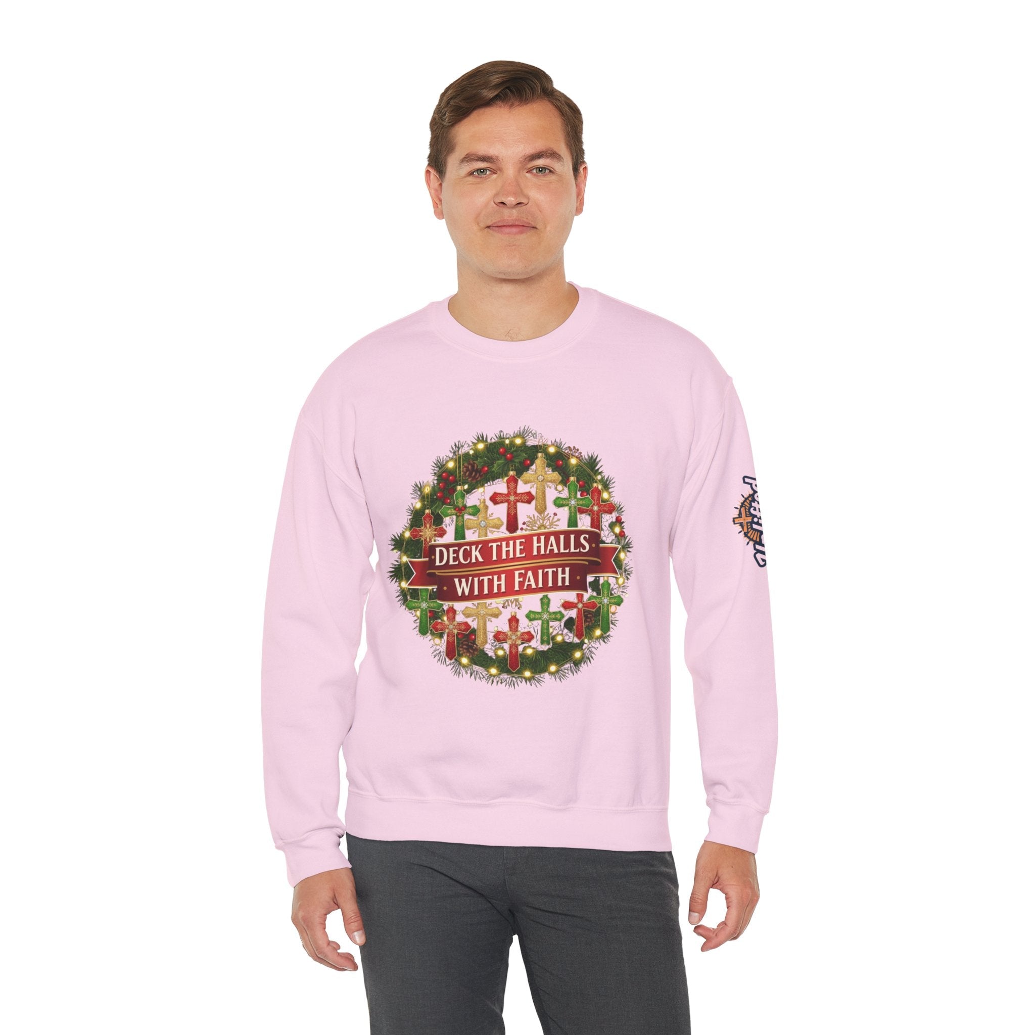 🎄 Deck the Halls with Faith – Christian Christmas Sweatshirt | Cross Ornament Design & Festive Garland | Bold Holiday Faith Tee by Uplifted Gear Printify