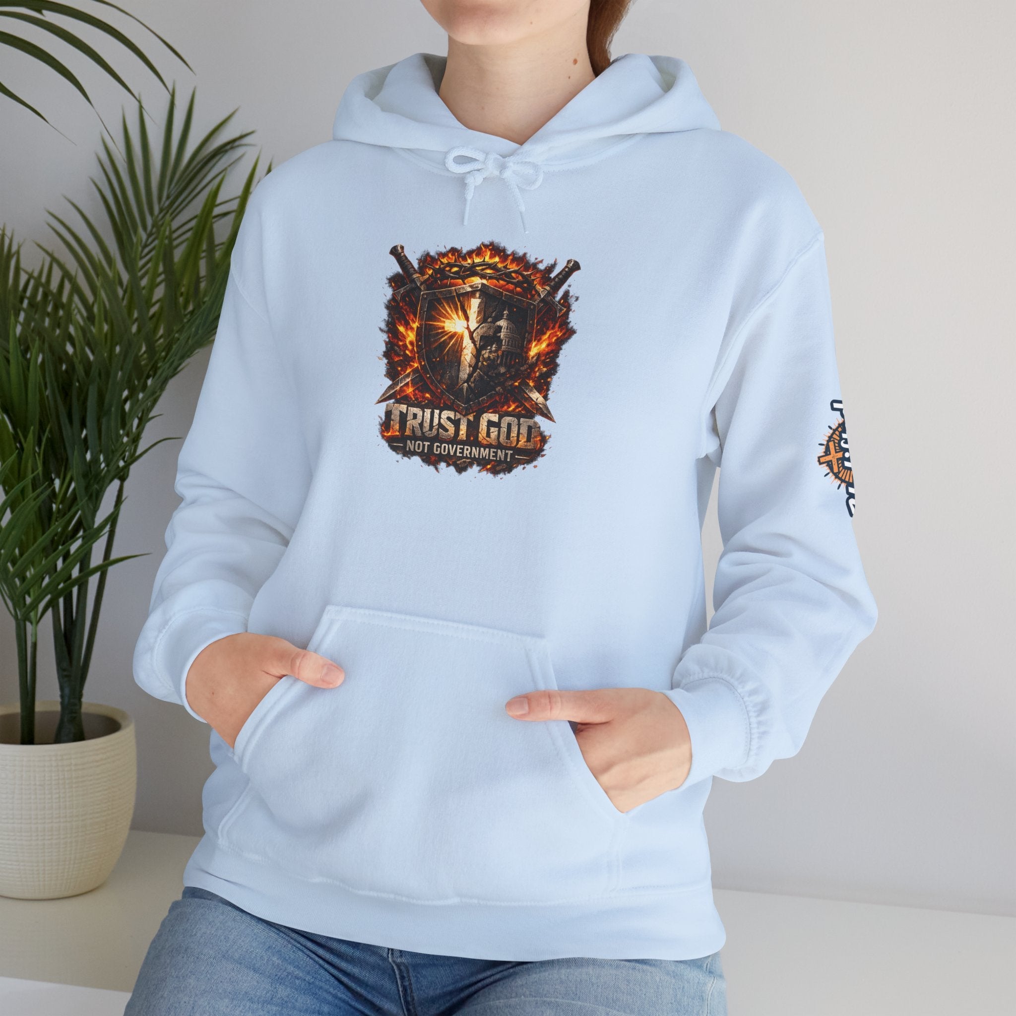 Trust God Not Government Shield Hoodie — Patriotic Christian Faith Hoodie Printify