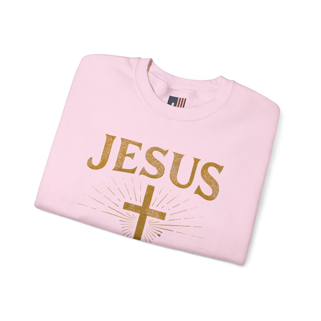 Jesus Saves Sweatshirt – Radiant Cross & Rays of Light Christian Sweatshirt for Eternal Hope & Faith Printify
