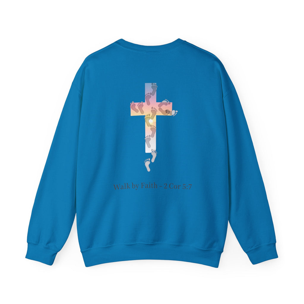 Walk by Faith Sweatshirt – Cross & Footprints Christian Sweatshirt for Cozy Inspiration Printify