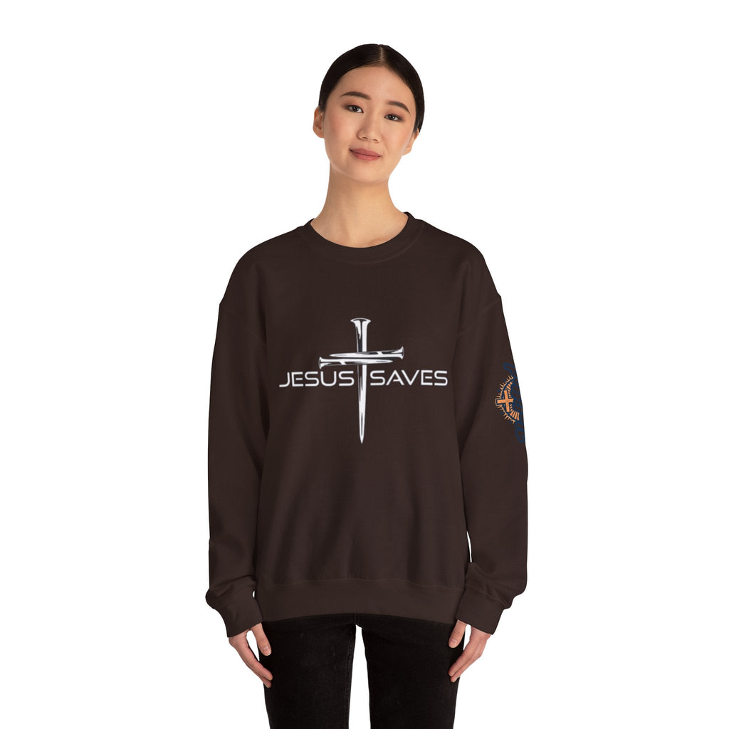 Jesus Saves Sweatshirt – 3 Nails Crucifix Cross Christian Sweatshirt for Redemption Faith & Bold Salvation Printify