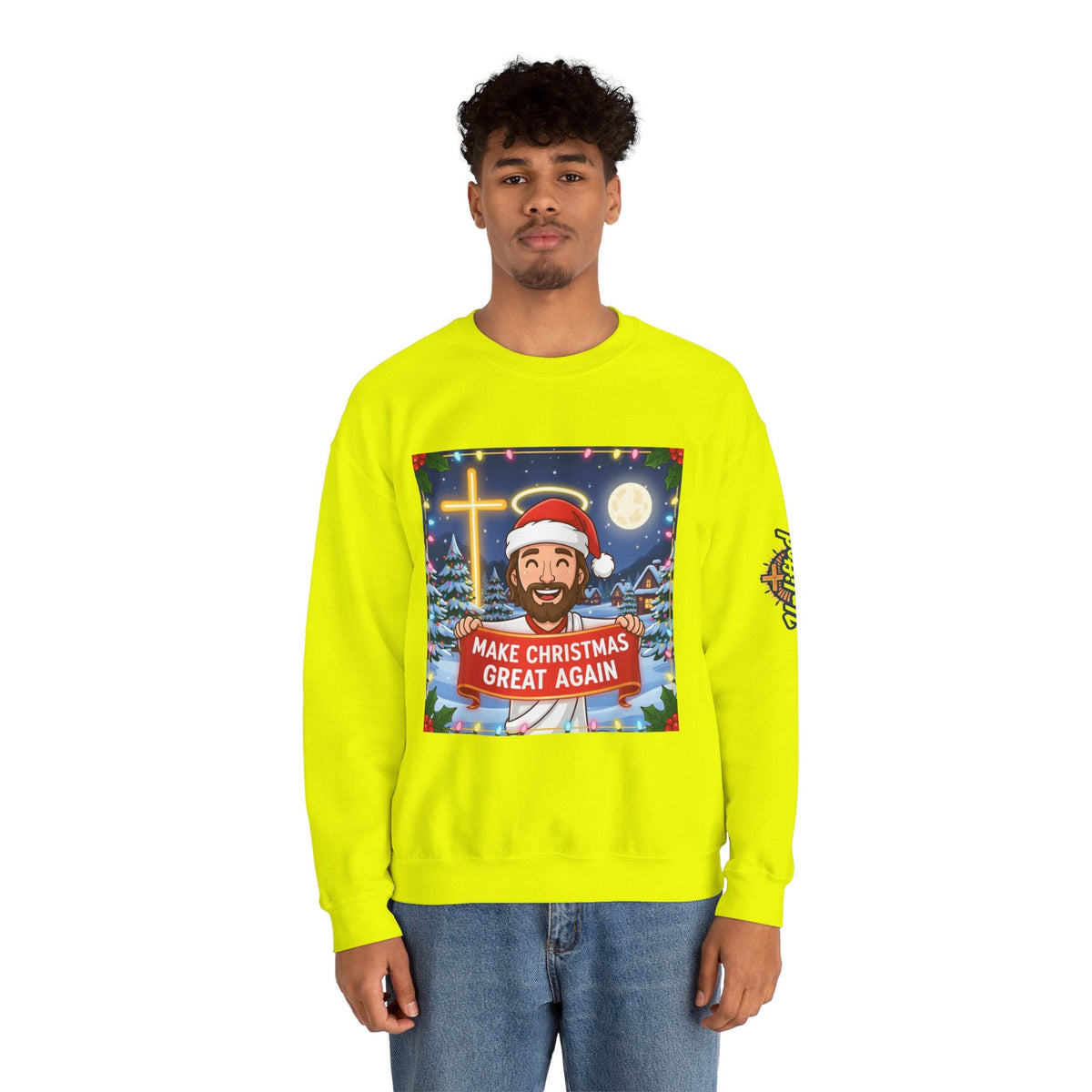 🎄 Make Christmas Great Again – Funny Christian Sweatshirt | Jesus Holding Banner | Faith-Based Holiday Parody Tee | Uplifted Gear Printify