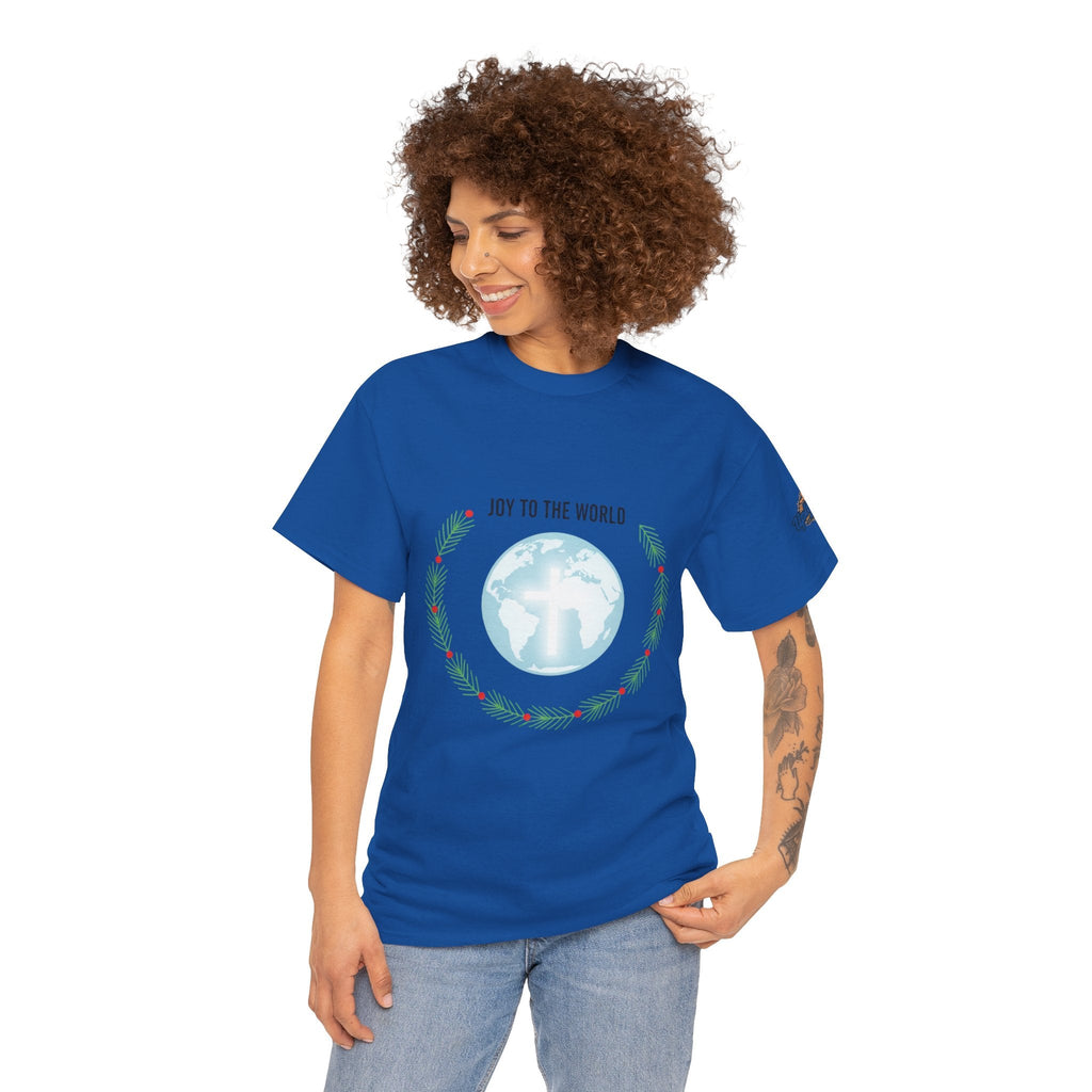 Joy to the World T-shirt – Wreath Earth Nativity Christian Christmas T-shirt for Isaiah 9:6 Holiday Faith & Festive Joy Printify