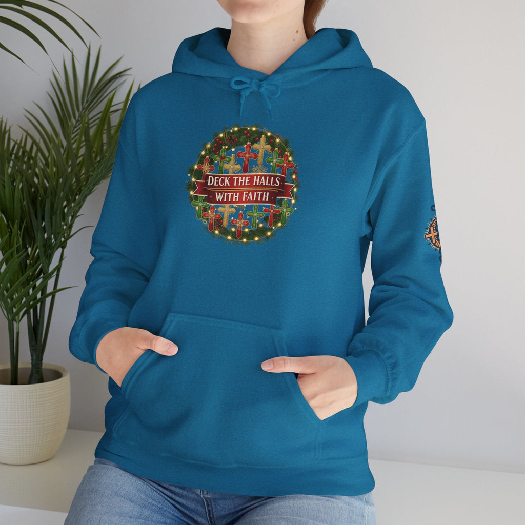 🎄 Deck the Halls with Faith – Christian Christmas Hoodie | Cross Ornament Design & Festive Garland | Bold Holiday Faith Tee by Uplifted Gear Printify