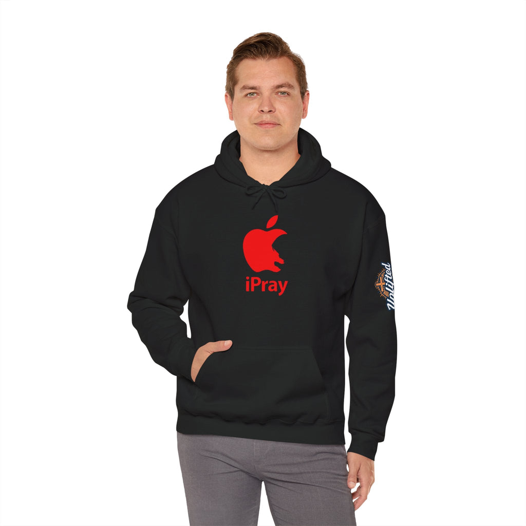 iPray Apple Logo Hoodie — Funny Christian Hoodie (Minimal Red Apple Graphic) Printify