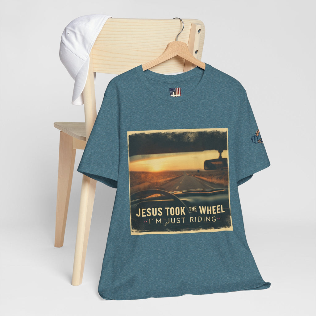 Jesus Took the Wheel I'm Just Riding T-shirt – Funny Christian Convertible Car T-shirt for Surrendered Faith & Humor Printify