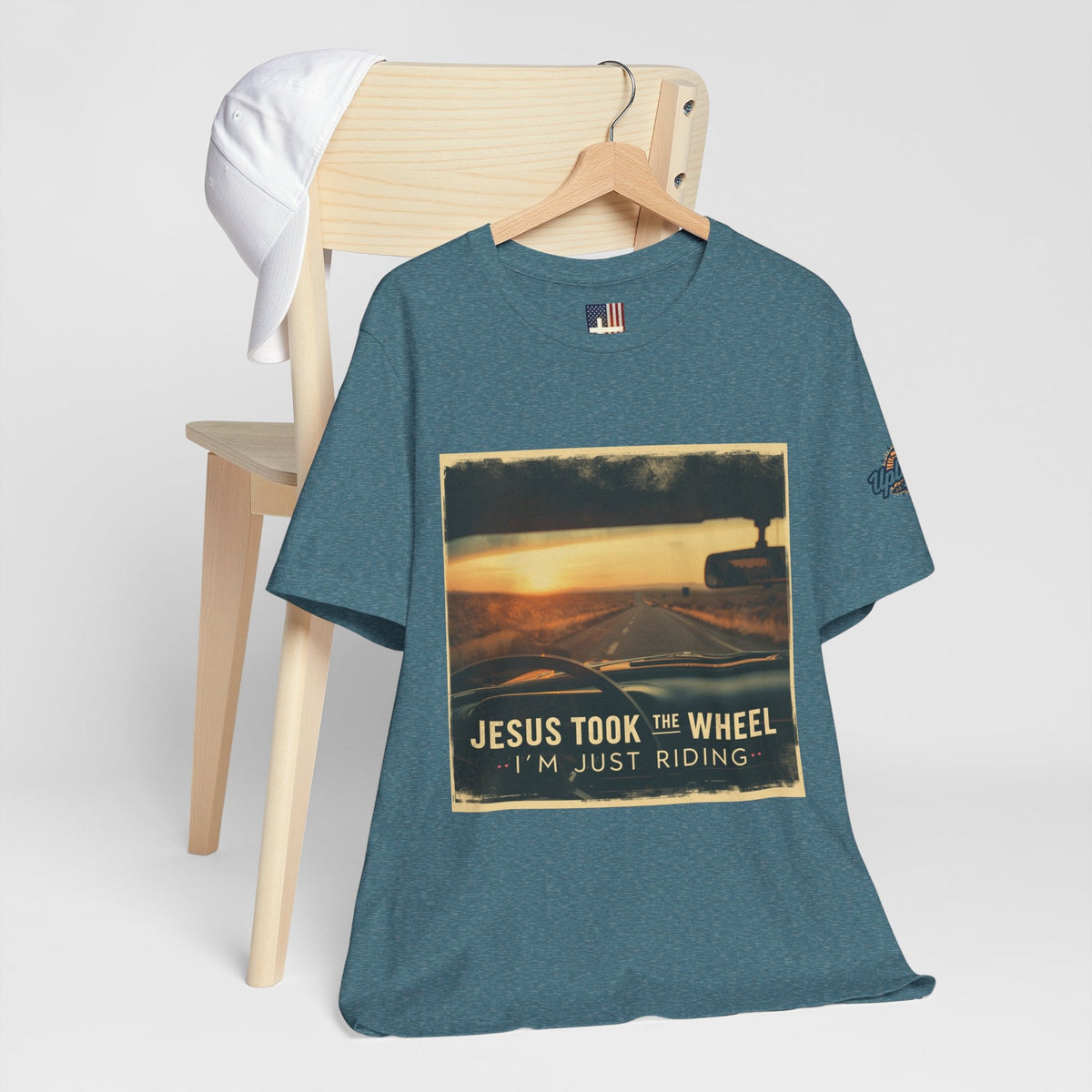 Jesus Took the Wheel I'm Just Riding T-shirt – Funny Christian Convertible Car T-shirt for Surrendered Faith & Humor Printify