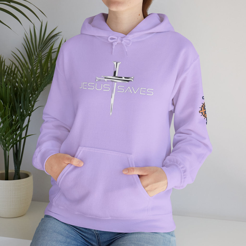 Jesus Saves Hoodie – 3 Nails Crucifix Cross Christian Sweatshirt for Redemption Faith & Bold Salvation Printify