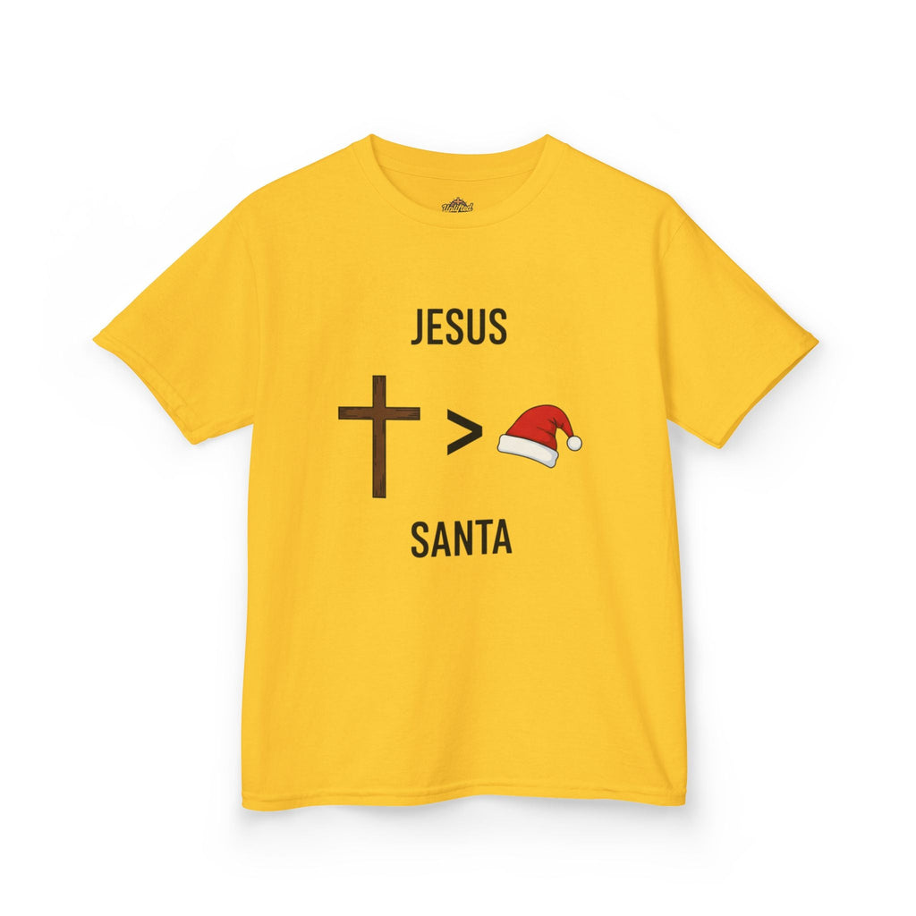 🎄 Jesus > Santa – Minimalist Christian Christmas Kids T-Shirt | Bold Faith Over Holiday Tee | Cross vs Santa Hat Design | Uplifted Gear Printify
