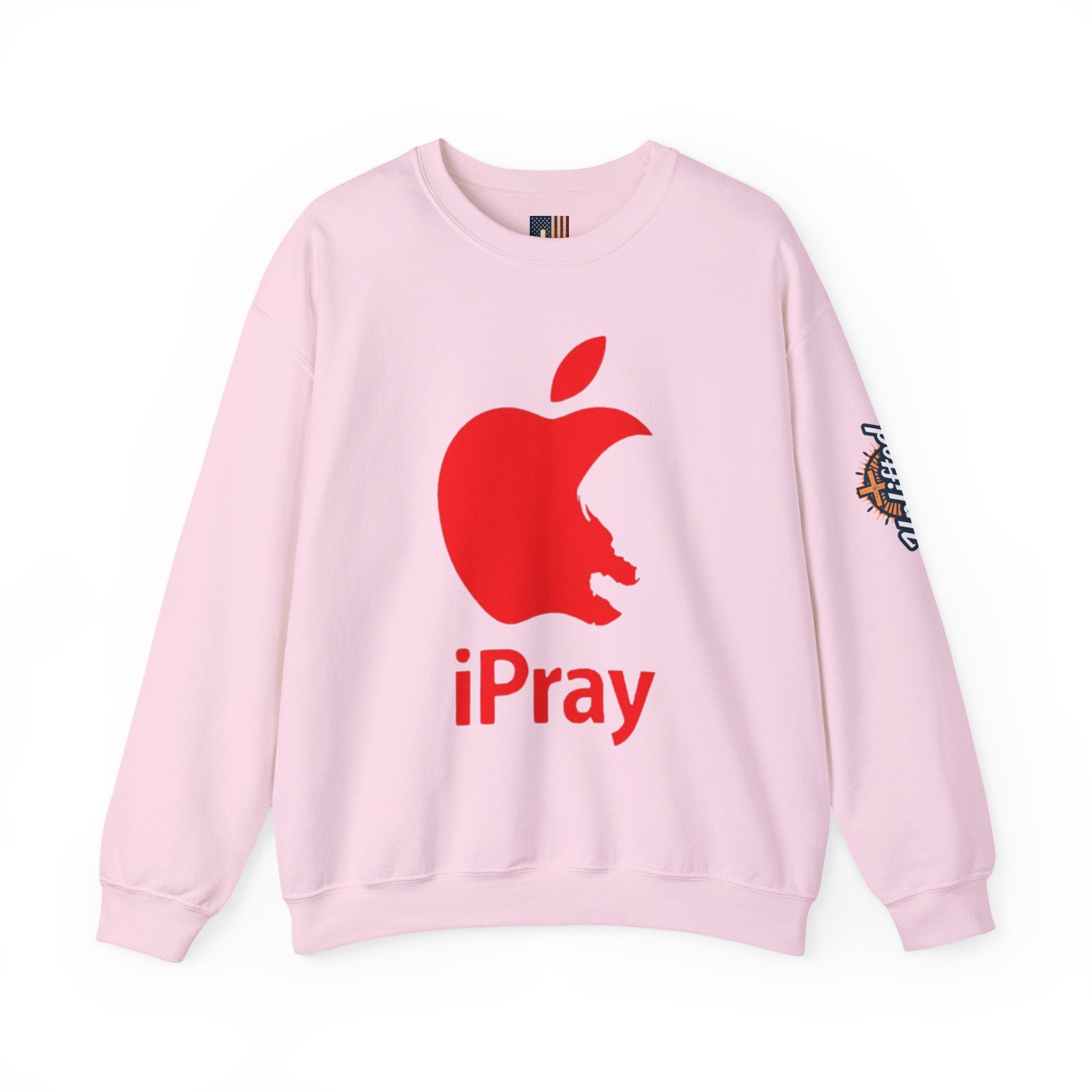 iPray Apple Logo Sweatshirt — Funny Christian Sweatshirt (Minimal Red Apple Graphic) Printify