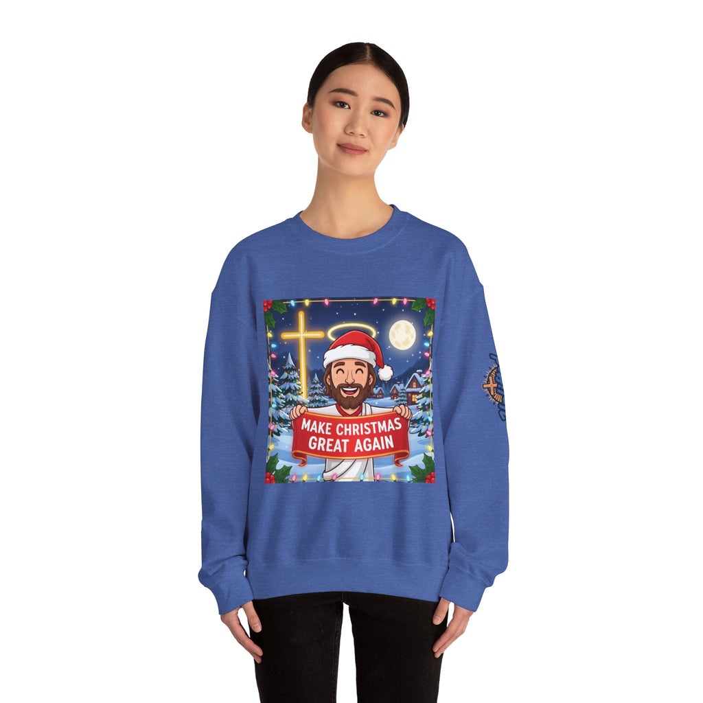 🎄 Make Christmas Great Again – Funny Christian Sweatshirt | Jesus Holding Banner | Faith-Based Holiday Parody Tee | Uplifted Gear Printify