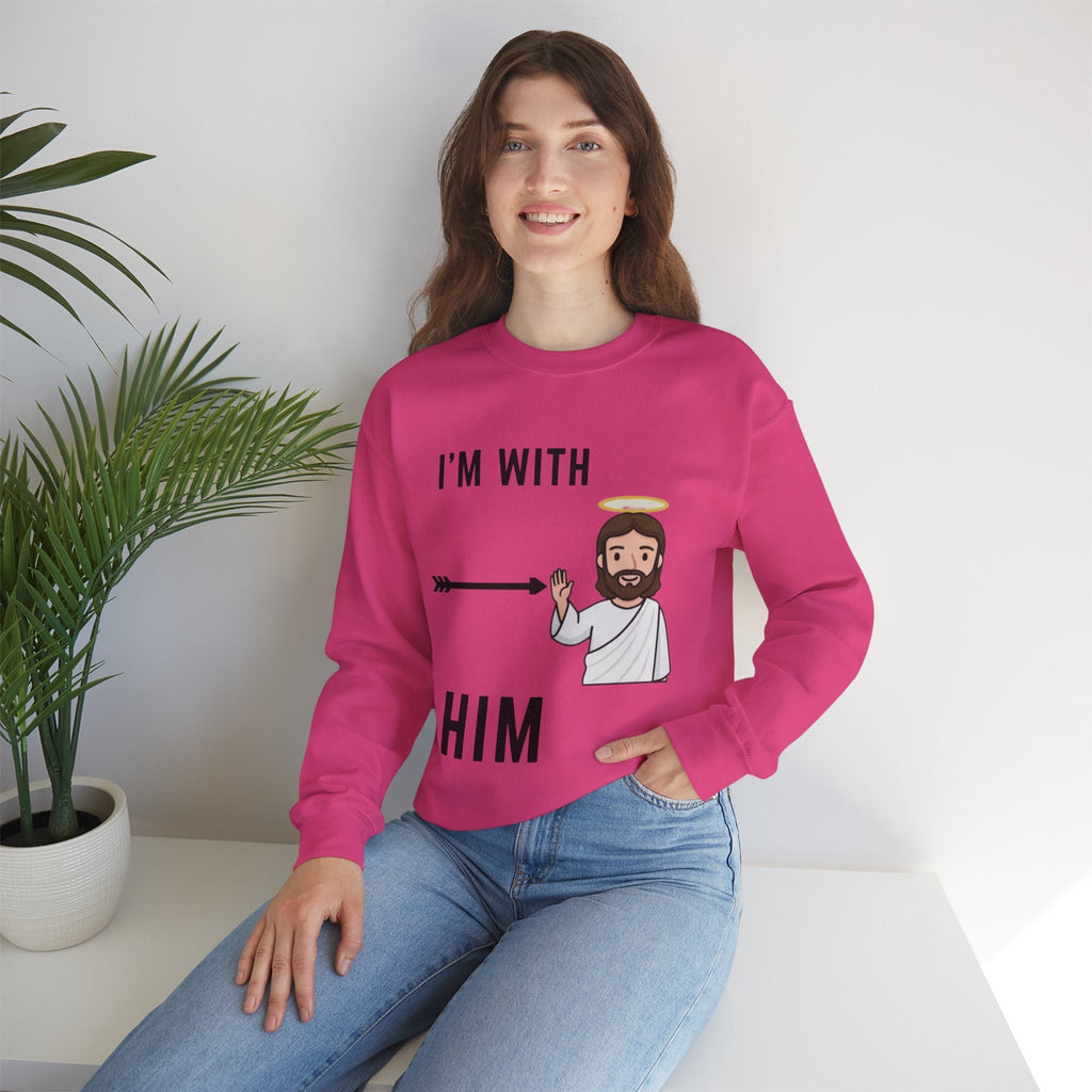 🔥 I’m With Him → Christian Sweatshirt | Arrow Pointing to Jesus | Minimalist Faith Tee | Subtle Cross Design | Bible-Inspired Apparel by Uplifted Gear Printify