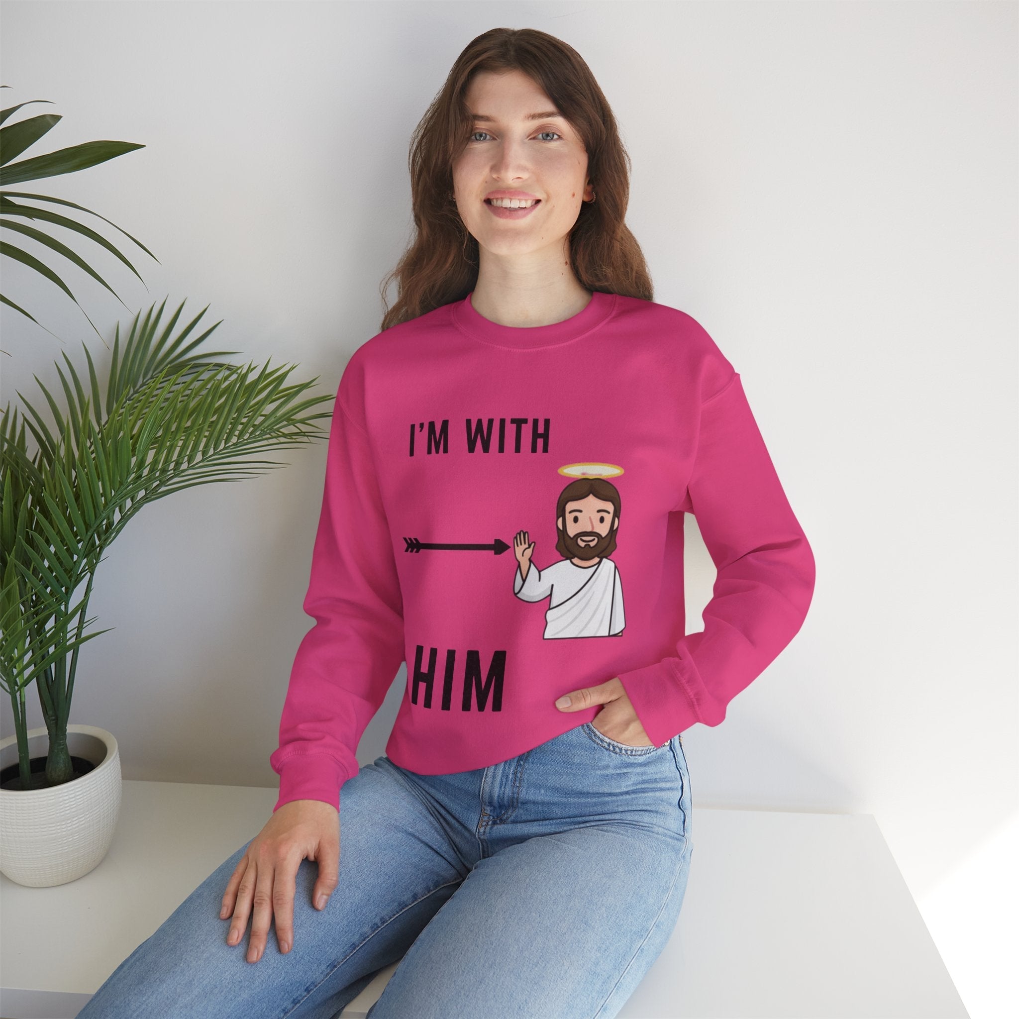 🔥 I’m With Him → Christian Sweatshirt | Arrow Pointing to Jesus | Minimalist Faith Tee | Subtle Cross Design | Bible-Inspired Apparel by Uplifted Gear Printify