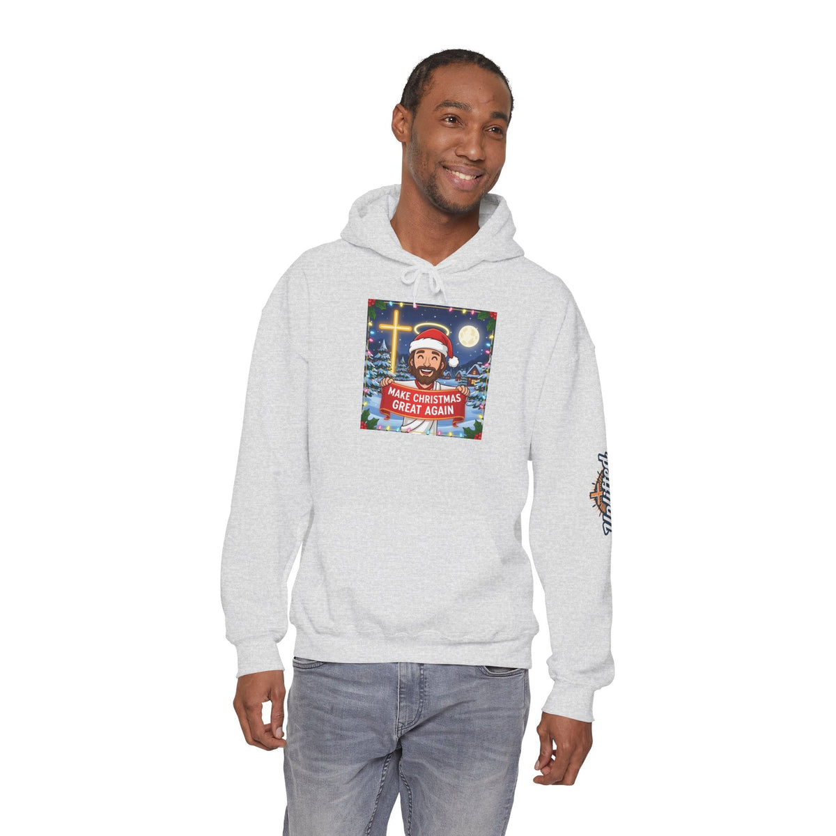 🎄 Make Christmas Great Again – Funny Christian Hoodie | Jesus Holding Banner | Faith-Based Holiday Parody Tee | Uplifted Gear Printify