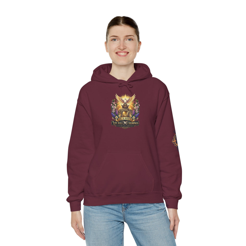 He Is Risen "Life Has Triumphed" Hoodie — Easter Resurrection Christian Hoodie Printify