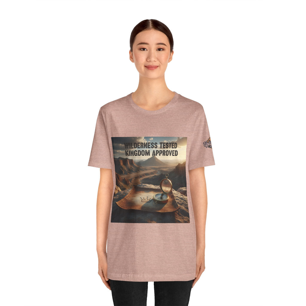 Wilderness Tested Kingdom Approved T-shirt – Mountain Desert Compass Crown Christian T-shirt for Biblical Adventure Faith Printify