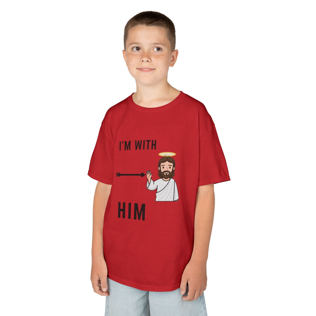 🔥 I’m With Him → Christian Kids T-Shirt | Arrow Pointing to Jesus | Minimalist Faith Tee | Subtle Cross Design | Bible-Inspired Apparel by Uplifted Gear Printify
