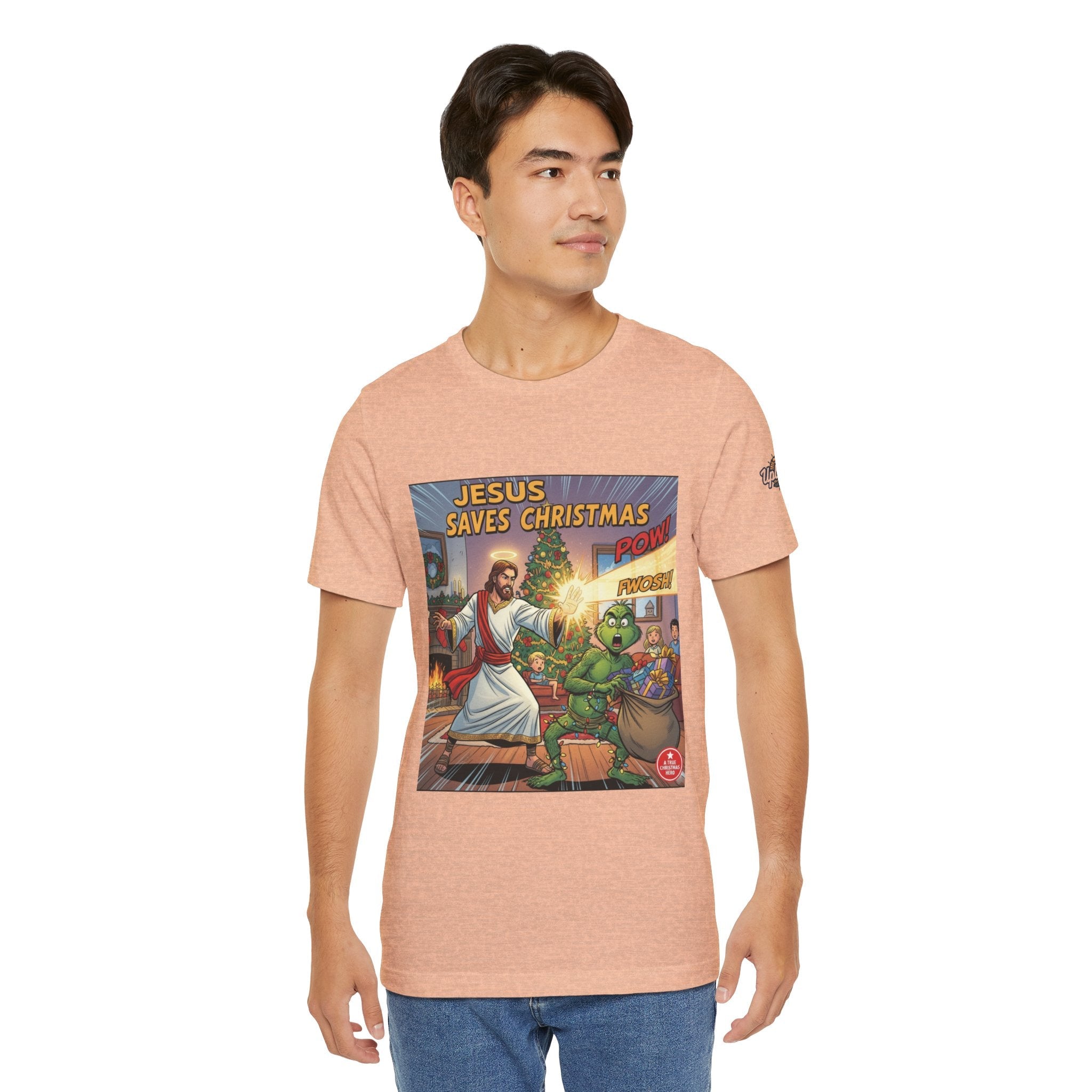 Jesus Saves Christmas T-shirt – Grinch vs Savior Light Battle Christian T-shirt for Hilarious Holiday Faith & True Joy Printify