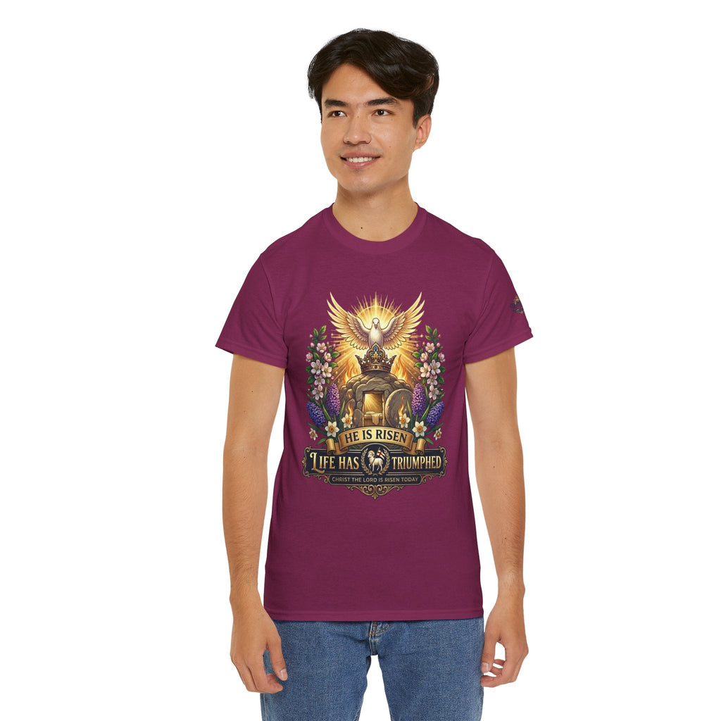 He Is Risen "Life Has Triumphed" T-Shirt — Easter Resurrection Christian Tee Printify