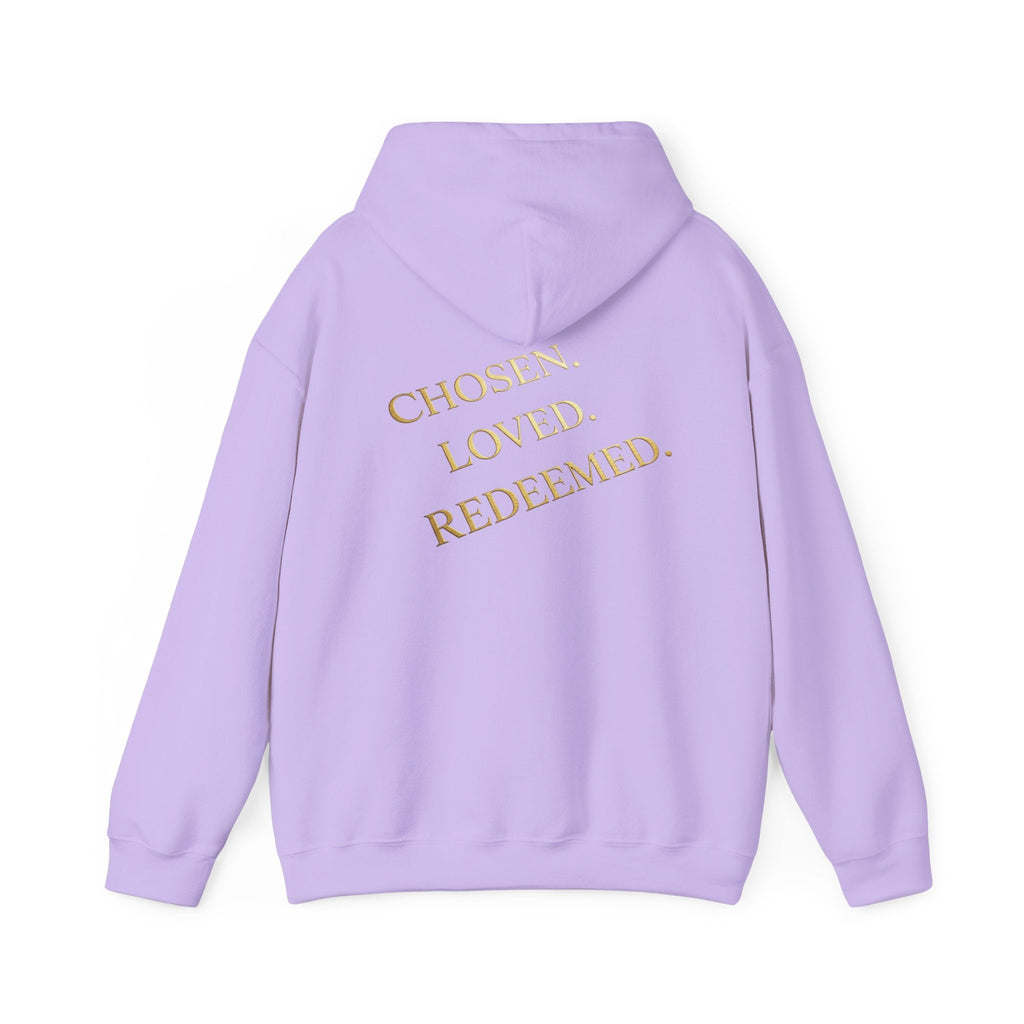 ✨ Chosen. Loved. Redeemed. – Elegant Christian Hoodie | Gold Foil Faith Tee | Subtle Cross & Heart Design | Inspirational Bible Verse Apparel by Uplifted Gear Printify