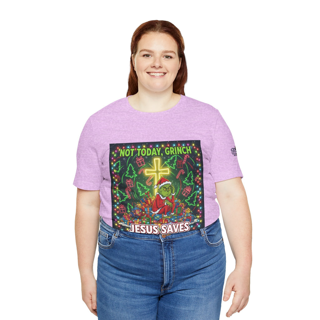 🎄 Not Today, Grinch – Jesus Saves | Funny Christian Christmas T-Shirt | Festive Green & Red Cartoon Style | Bold Faith Holiday Tee by Uplifted Gear Printify