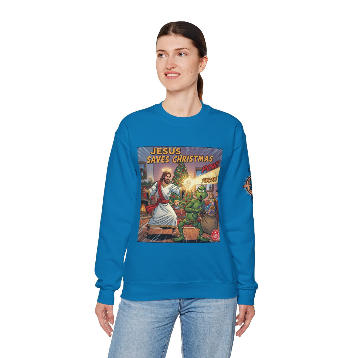 Jesus Saves Christmas Sweatshirt – Grinch vs Savior Light Battle Christian Sweatshirt for Hilarious Holiday Faith & True Joy Printify