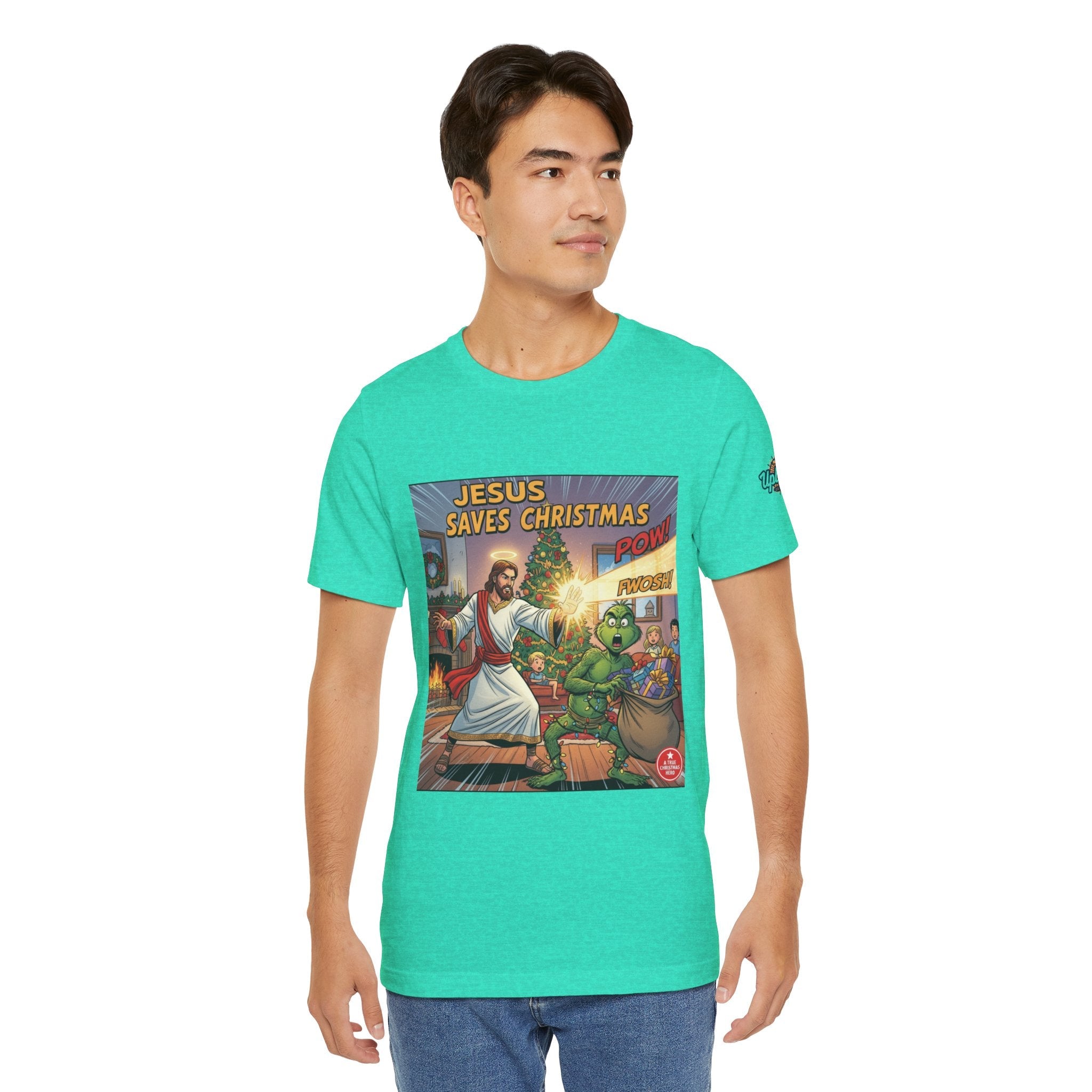 Jesus Saves Christmas T-shirt – Grinch vs Savior Light Battle Christian T-shirt for Hilarious Holiday Faith & True Joy Printify