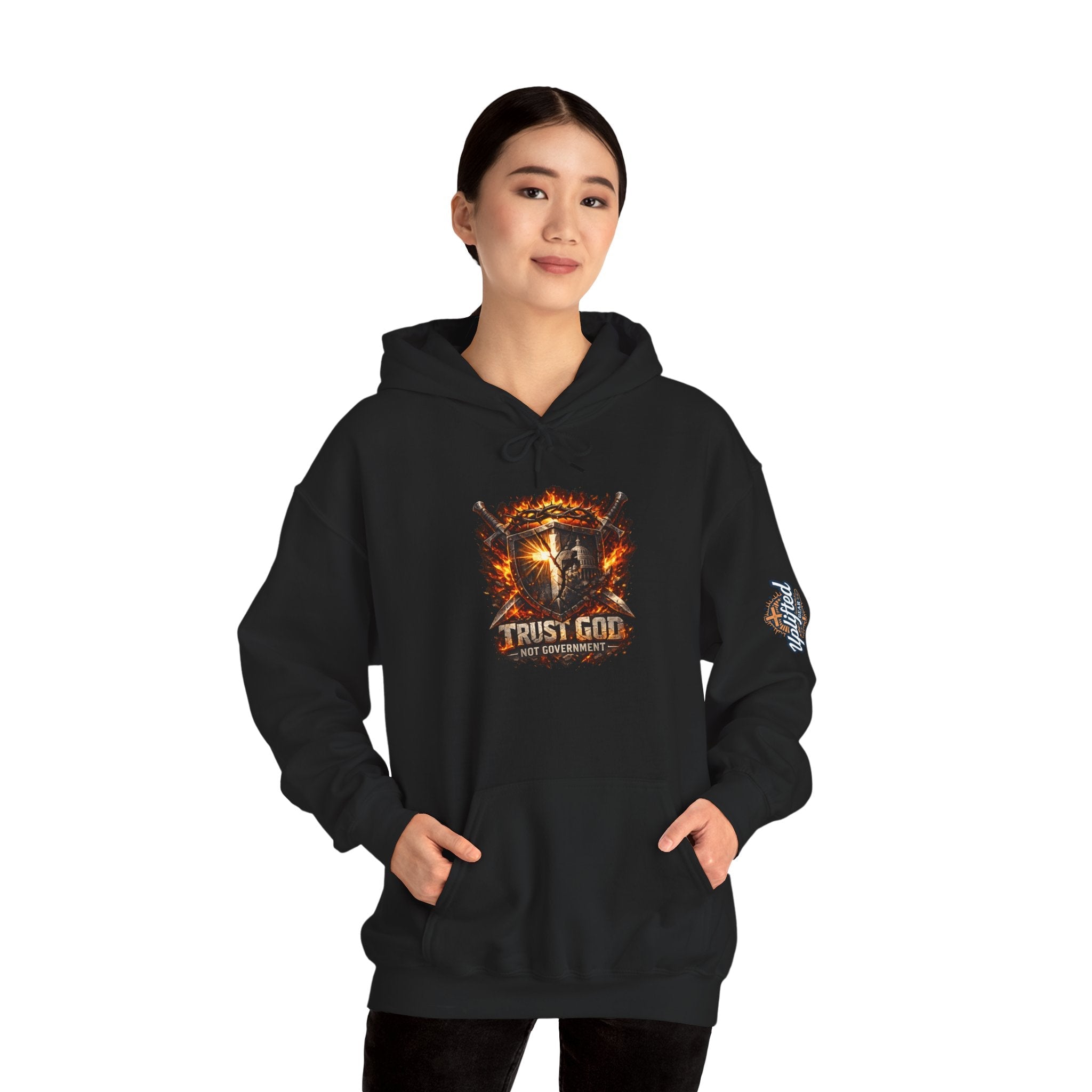 Trust God Not Government Shield Hoodie — Patriotic Christian Faith Hoodie Printify