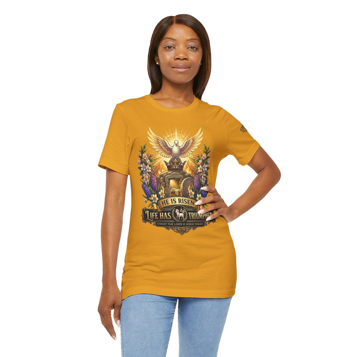 He Is Risen "Life Has Triumphed" T-Shirt — Easter Resurrection Christian Tee Printify