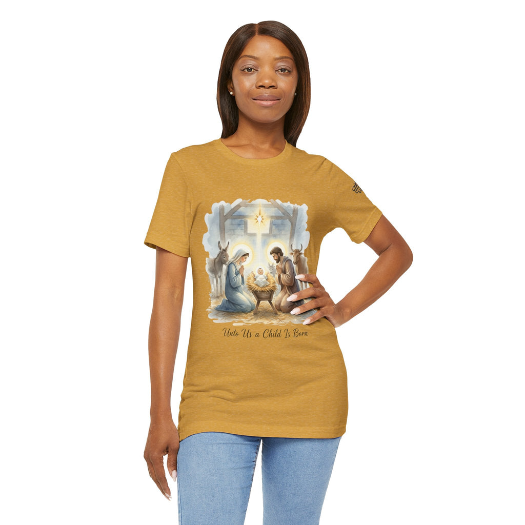 Unto Us a Child is Born T-shirt – Isaiah 9:6 Nativity Manger Scene Christian Christmas T-shirt for Holy Night Faith Printify