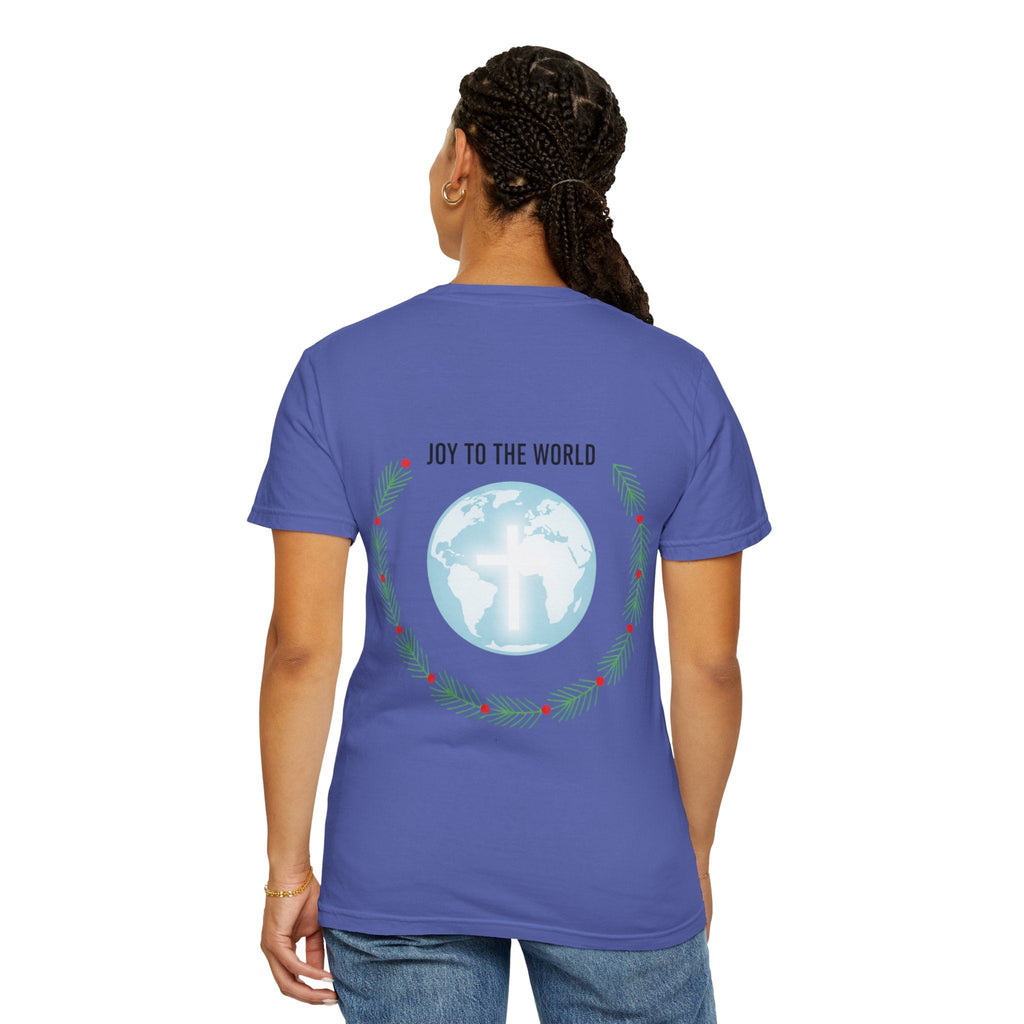 Joy to the World T-shirt – Wreath Earth Nativity Christian Christmas T-shirt for Isaiah 9:6 Holiday Faith & Festive Joy Printify