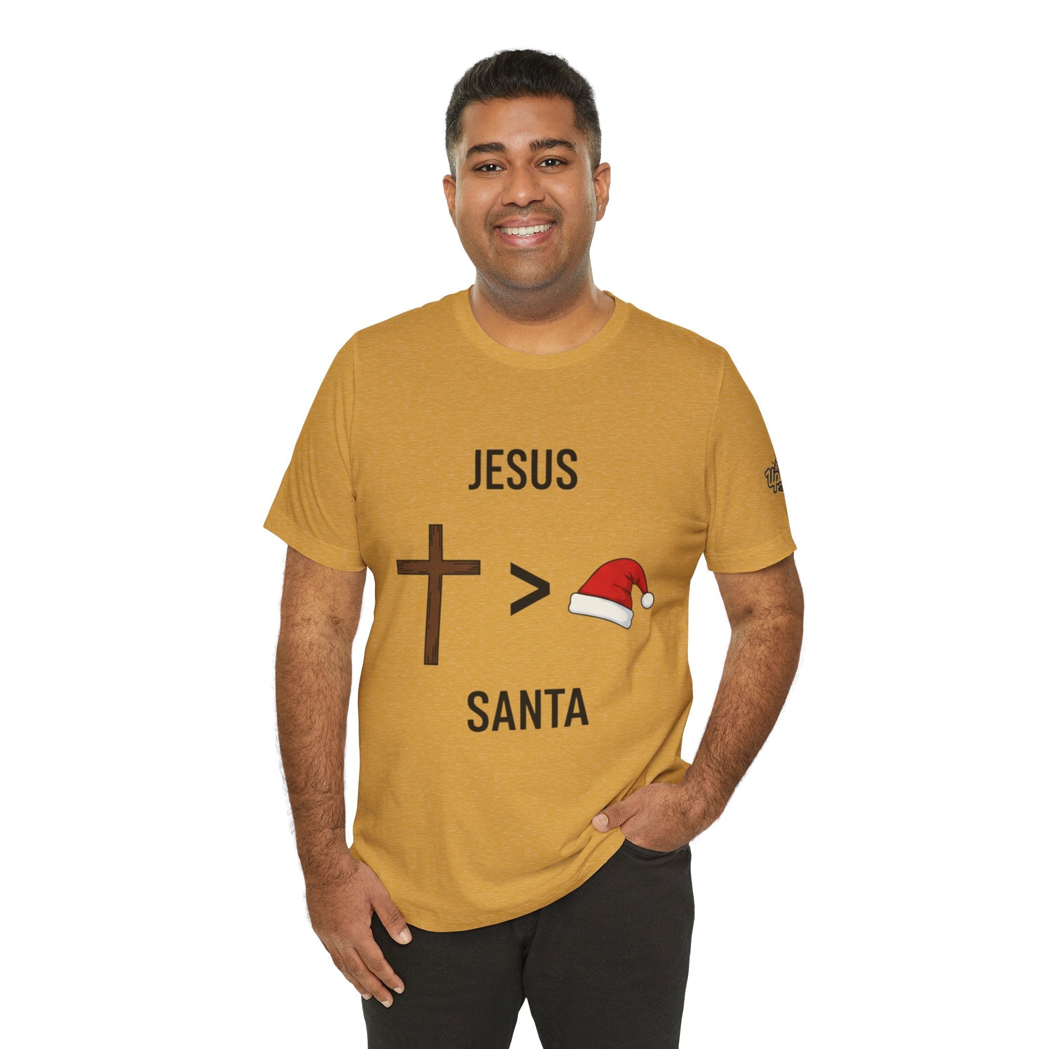 🎄 Jesus > Santa – Minimalist Christian Christmas T-Shirt | Bold Faith Over Holiday Tee | Cross vs Santa Hat Design | Uplifted Gear Printify