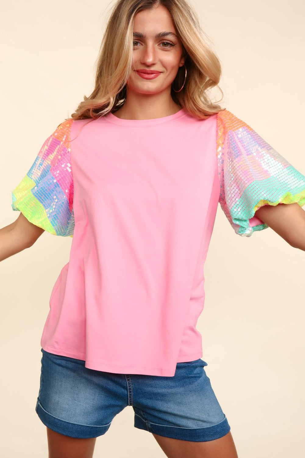 Rainbow Pastel Sequin Puff Sleeve Top Pretty Little Patriot